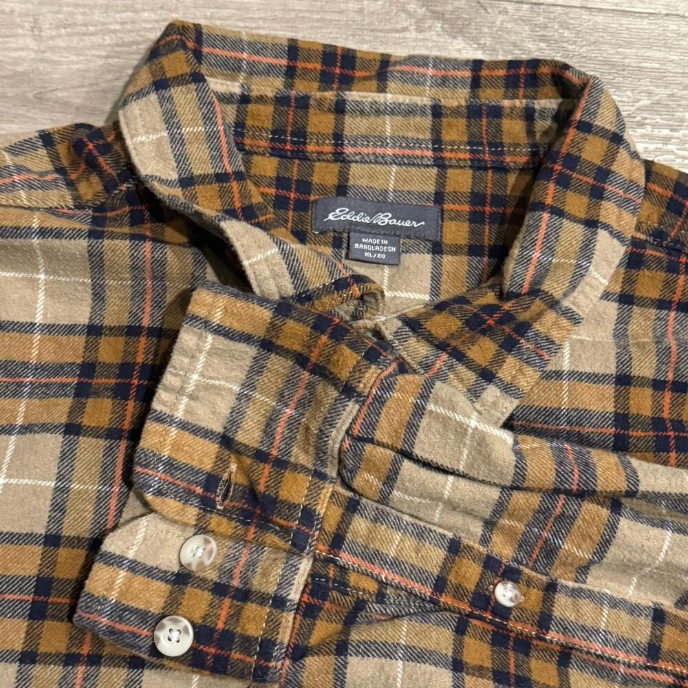 Eddie Bauer Men's Long Sleeve Flannel Button-Up Shirt Brown Black Tan Size XL